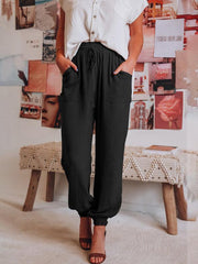 Bloomers Solid Color Cotton Linen Pants Ladies Pocket Drawstring Casual Pants - 808Lush