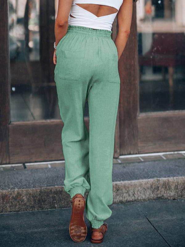 Bloomers Solid Color Cotton Linen Pants Ladies Pocket Drawstring Casual Pants - 808Lush