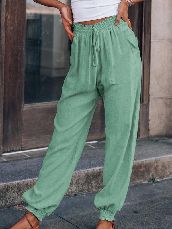 Bloomers Solid Color Cotton Linen Pants Ladies Pocket Drawstring Casual Pants - 808Lush