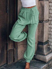 Bloomers Solid Color Cotton Linen Pants Ladies Pocket Drawstring Casual Pants - 808Lush