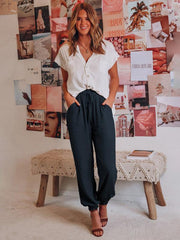 Bloomers Solid Color Cotton Linen Pants Ladies Pocket Drawstring Casual Pants - 808Lush