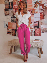 Bloomers Solid Color Cotton Linen Pants Ladies Pocket Drawstring Casual Pants - 808Lush