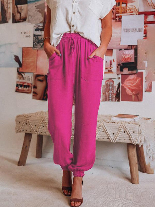 Bloomers Solid Color Cotton Linen Pants Ladies Pocket Drawstring Casual Pants - 808Lush