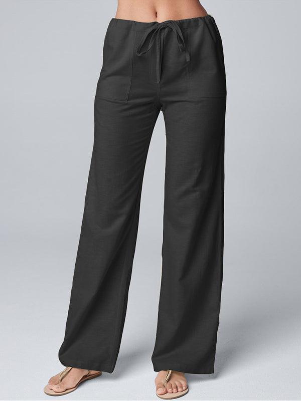 Women's Solid Color Loose Lace Cotton Linen Straight Casual Trousers - 808Lush