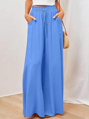 Women's Solid Color Elastic Waist Wide Leg High Waist Trousers - 808Lush
