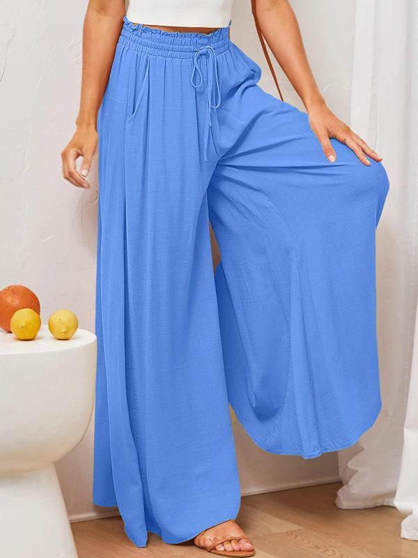 Women's Solid Color Elastic Waist Wide Leg High Waist Trousers - 808Lush