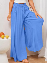 Women's Solid Color Elastic Waist Wide Leg High Waist Trousers - 808Lush
