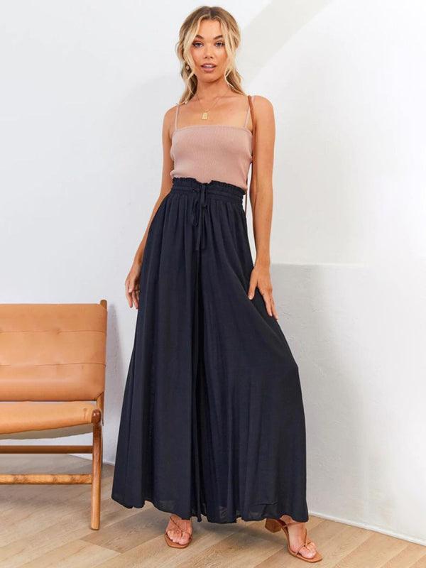 Women's Solid Color Elastic Waist Wide Leg High Waist Trousers - 808Lush
