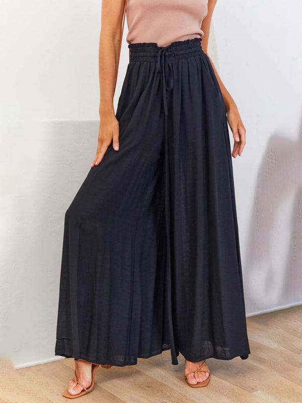 Women's Solid Color Elastic Waist Wide Leg High Waist Trousers - 808Lush