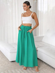 Women's Solid Color Elastic Waist Wide Leg High Waist Trousers - 808Lush