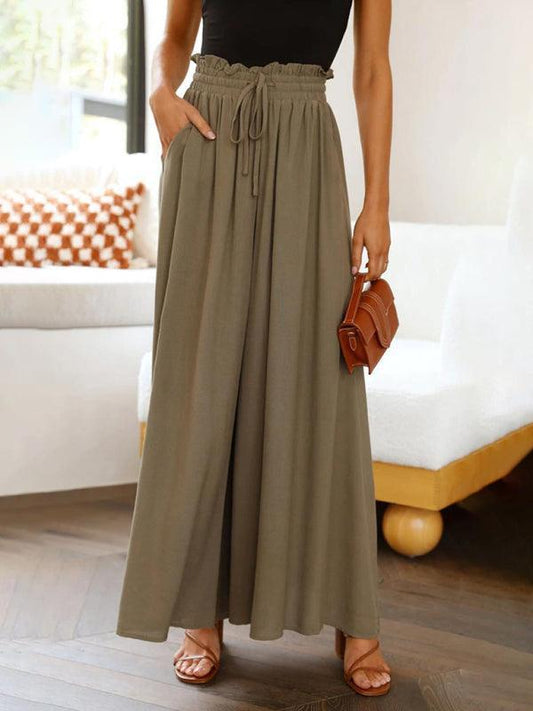 Women's Solid Color Elastic Waist Wide Leg High Waist Trousers - 808Lush