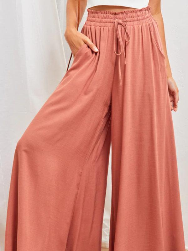 Women's Solid Color Elastic Waist Wide Leg High Waist Trousers - 808Lush