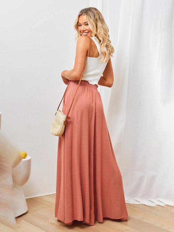 Women's Solid Color Elastic Waist Wide Leg High Waist Trousers - 808Lush