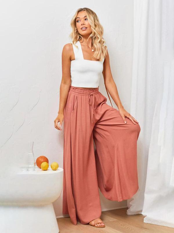 Women's Solid Color Elastic Waist Wide Leg High Waist Trousers - 808Lush