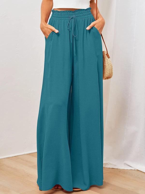 Women's Solid Color Elastic Waist Wide Leg High Waist Trousers - 808Lush