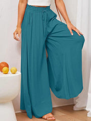 Women's Solid Color Elastic Waist Wide Leg High Waist Trousers - 808Lush