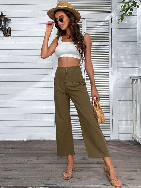 women's nine-point pants high-waisted cotton and linen slim-fit micro-flared pants - 808Lush