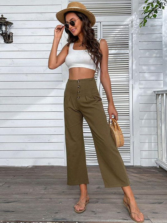 women's nine-point pants high-waisted cotton and linen slim-fit micro-flared pants - 808Lush