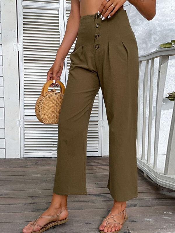 women's nine-point pants high-waisted cotton and linen slim-fit micro-flared pants - 808Lush