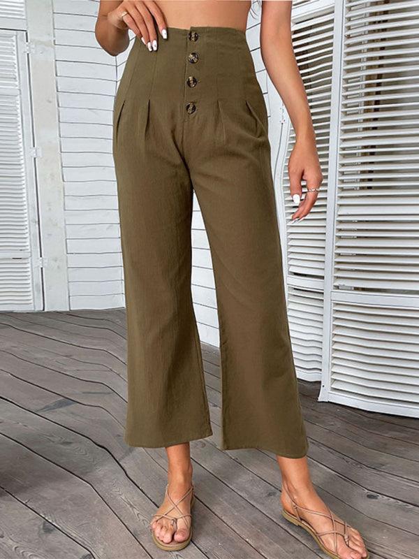 women's nine-point pants high-waisted cotton and linen slim-fit micro-flared pants - 808Lush
