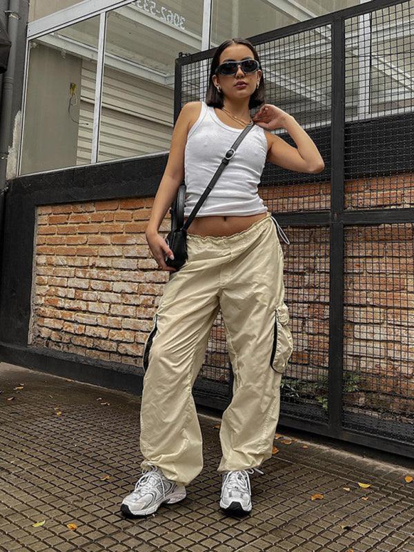 women's loose leg drawstring three-dimensional pocket multi-pocket overalls - 808Lush