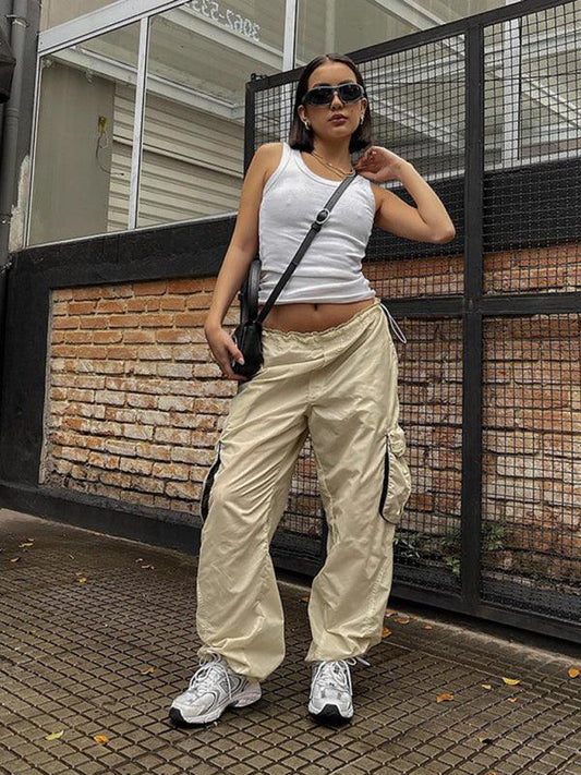 women's loose leg drawstring three-dimensional pocket multi-pocket overalls - 808Lush