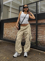 women's loose leg drawstring three-dimensional pocket multi-pocket overalls - 808Lush