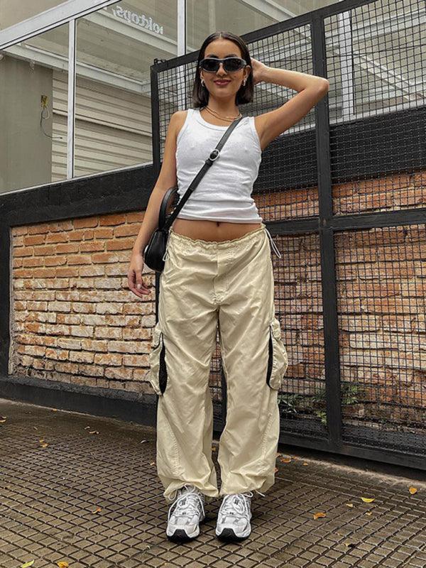 women's loose leg drawstring three-dimensional pocket multi-pocket overalls - 808Lush