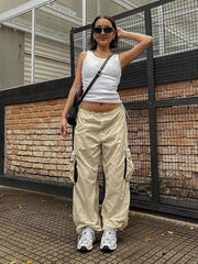 women's loose leg drawstring three-dimensional pocket multi-pocket overalls - 808Lush