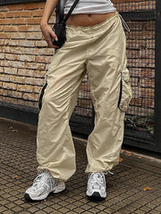 women's loose leg drawstring three-dimensional pocket multi-pocket overalls - 808Lush
