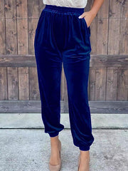Women's solid color elastic waist straight casual casual pants - 808Lush