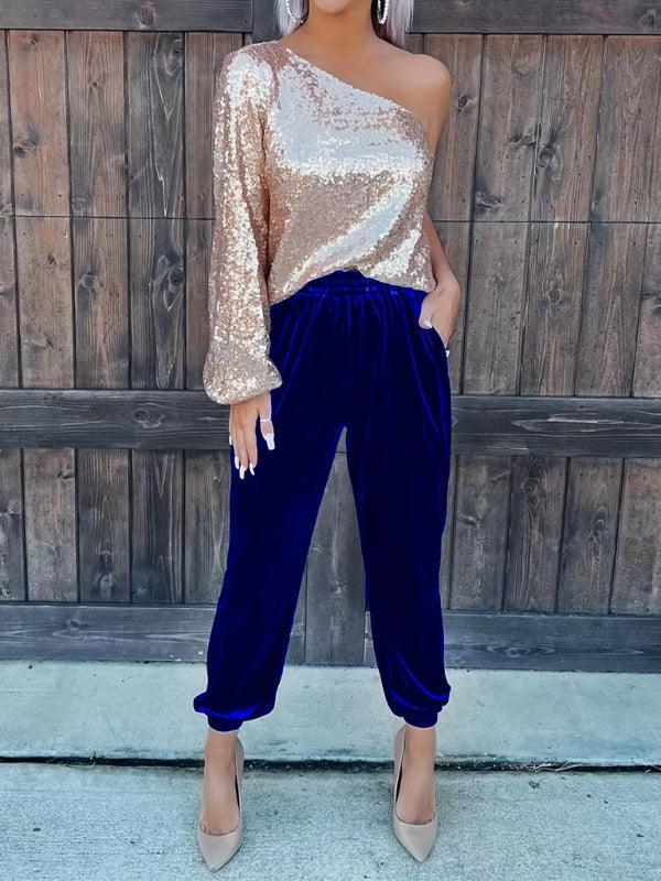 Women's solid color elastic waist straight casual casual pants - 808Lush