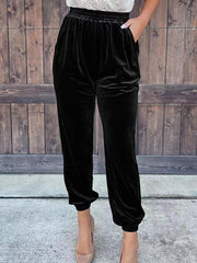 Women's solid color elastic waist straight casual casual pants - 808Lush