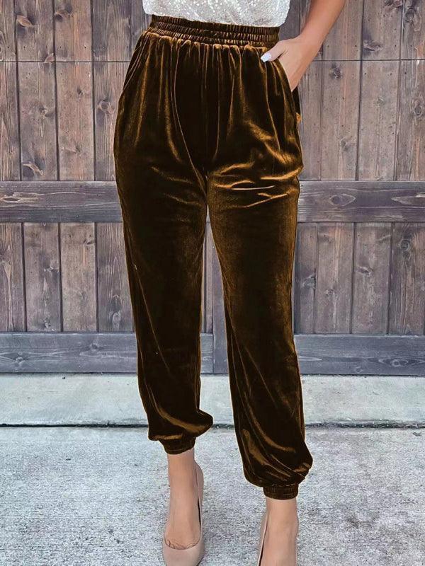 Women's solid color elastic waist straight casual casual pants - 808Lush