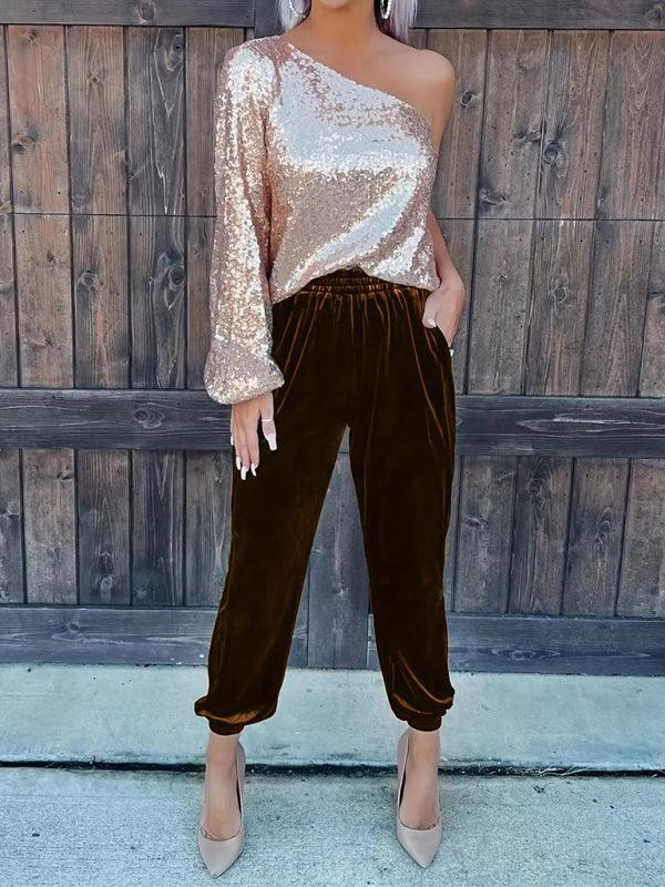 Women's solid color elastic waist straight casual casual pants - 808Lush