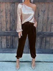 Women's solid color elastic waist straight casual casual pants - 808Lush