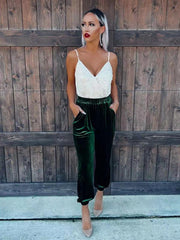 Women's solid color elastic waist straight casual casual pants - 808Lush
