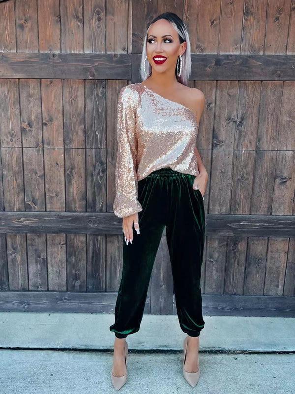 Women's solid color elastic waist straight casual casual pants - 808Lush