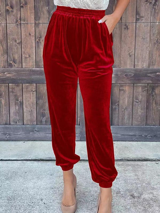 Women's solid color elastic waist straight casual casual pants - 808Lush