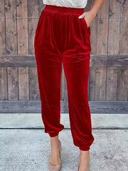 Women's solid color elastic waist straight casual casual pants - 808Lush