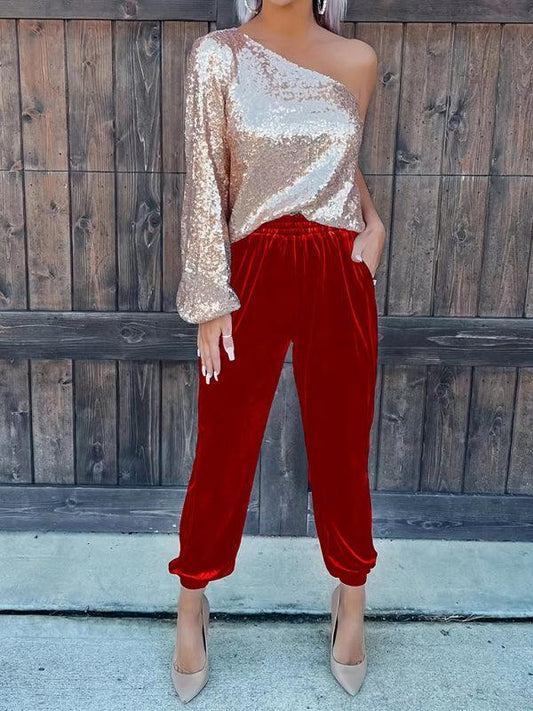Women's solid color elastic waist straight casual casual pants - 808Lush