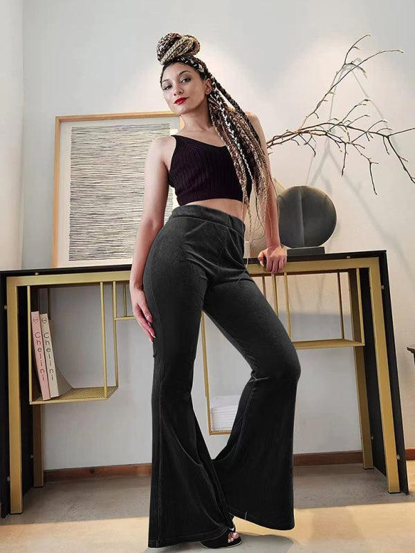 Women's pants velvet flared pants elastic elastic high waist flared pants casual trousers - 808Lush