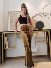 Women's pants velvet flared pants elastic elastic high waist flared pants casual trousers - 808Lush