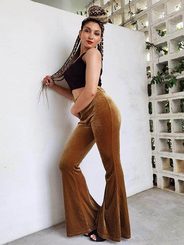 Women's pants velvet flared pants elastic elastic high waist flared pants casual trousers - 808Lush