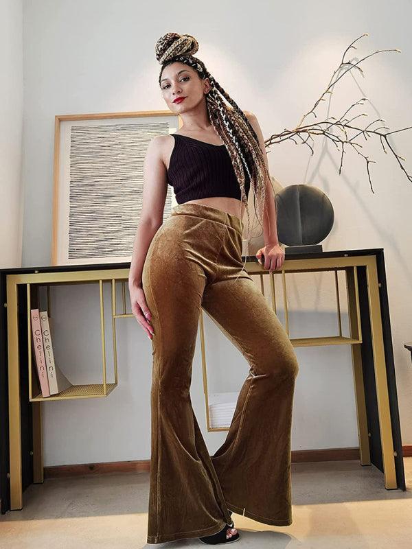 Women's pants velvet flared pants elastic elastic high waist flared pants casual trousers - 808Lush