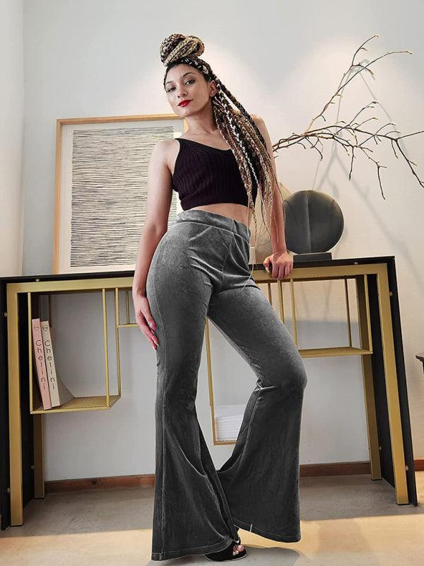 Women's pants velvet flared pants elastic elastic high waist flared pants casual trousers - 808Lush