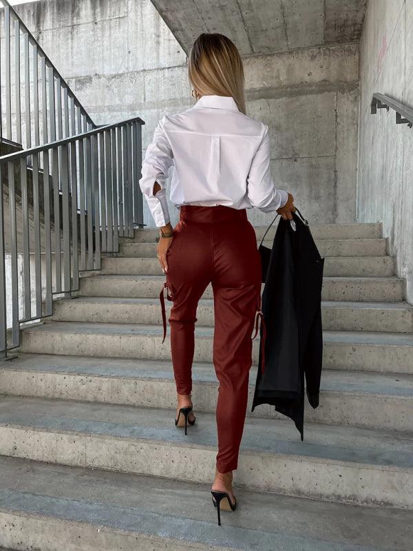 Women's Fashion Slim Fit PU Leather Waist Leg Pants Pockets - 808Lush
