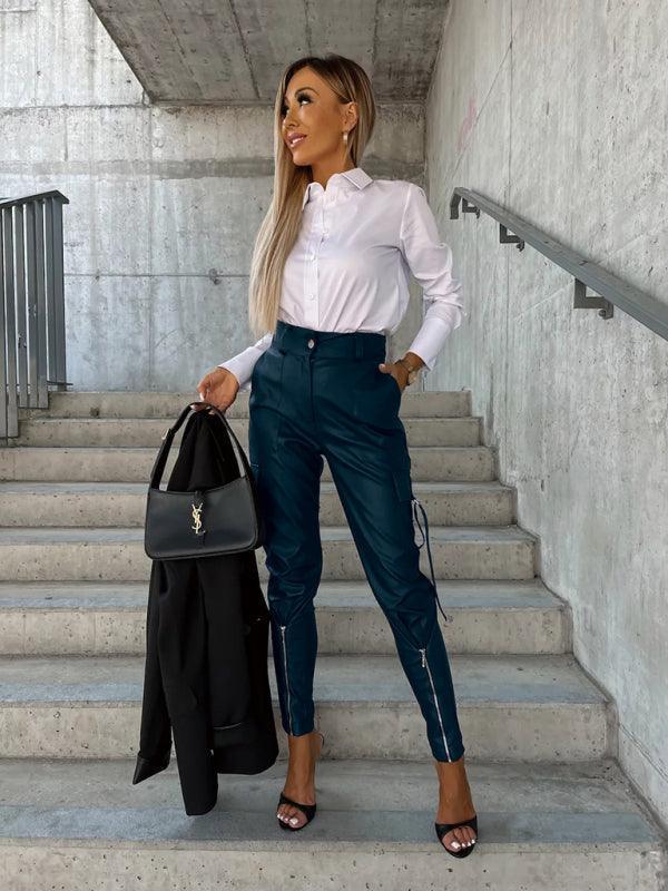 Women's Fashion Slim Fit PU Leather Waist Leg Pants Pockets - 808Lush