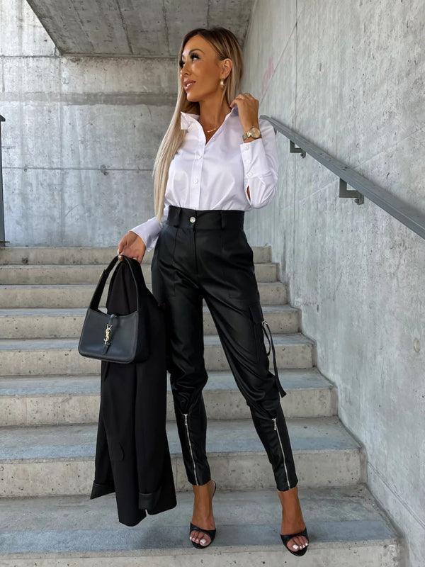 Women's Fashion Slim Fit PU Leather Waist Leg Pants Pockets - 808Lush