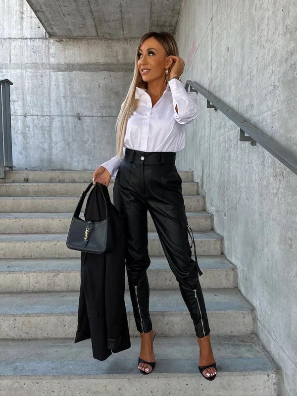 Women's Fashion Slim Fit PU Leather Waist Leg Pants Pockets - 808Lush